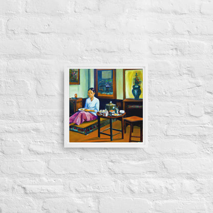 An oil painting of a woman sitting room or salon - Framed canvas-Shalav5