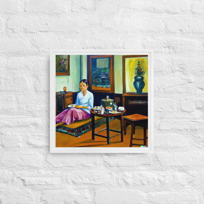 An oil painting of a woman sitting room or salon - Framed canvas-Shalav5