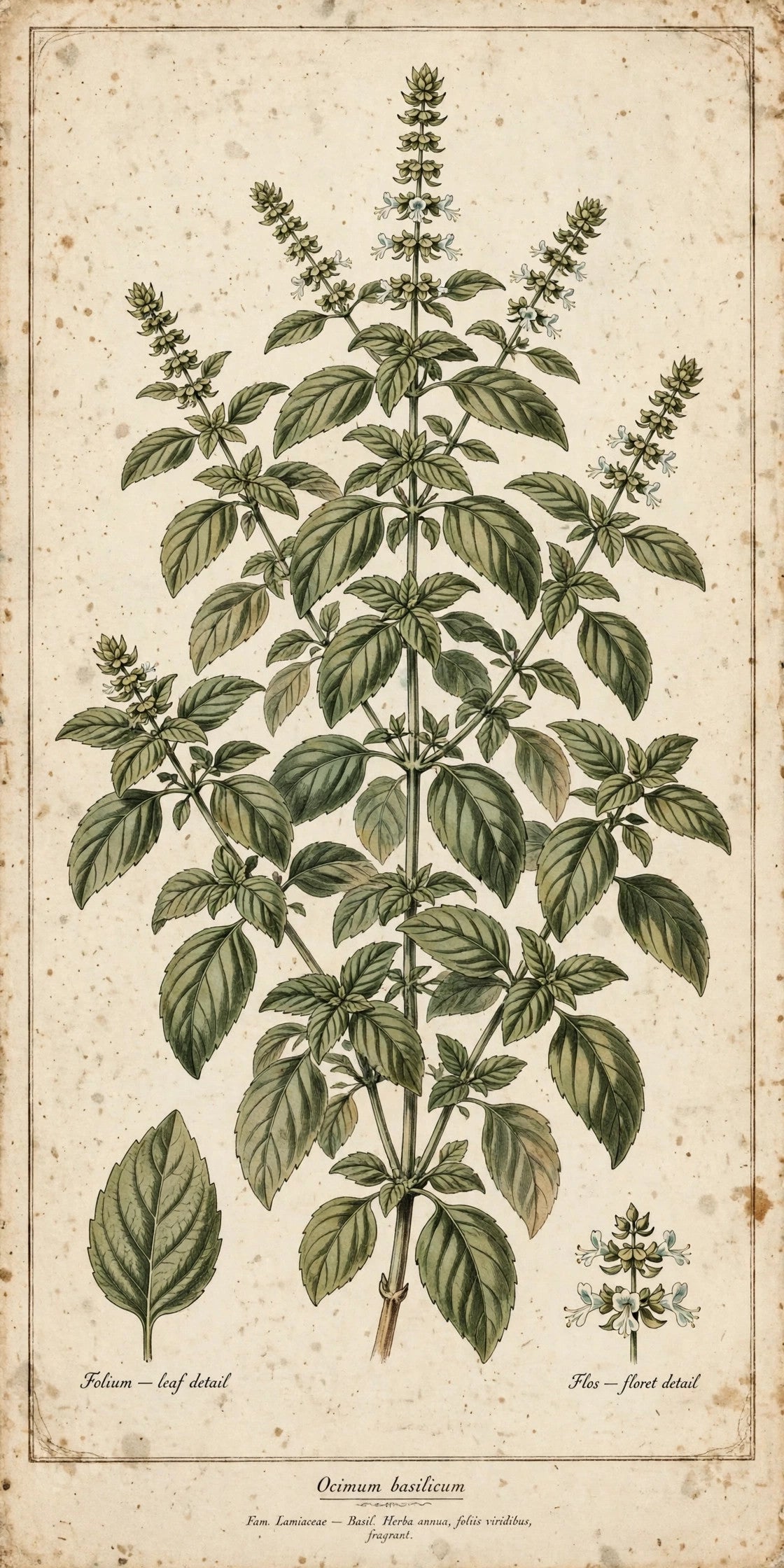 Vintage botanical basil print — Ocimum basilicum kitchen wall art