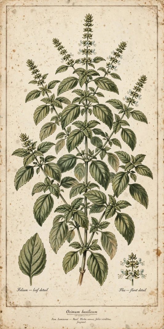 Vintage botanical basil print — Ocimum basilicum kitchen wall art