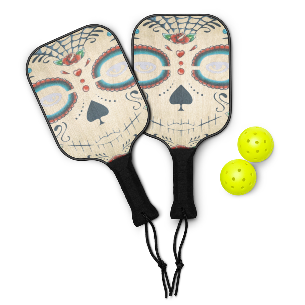 Dia De Los Muertos Pickleball Paddle Set – 2 Wood Paddles, 2 Balls & Bag