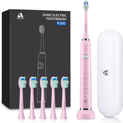 Electric Toothbrush with 6 Brush Heads and Travel Case, Wireless Quick Charging and Long Life,-Shalav5
