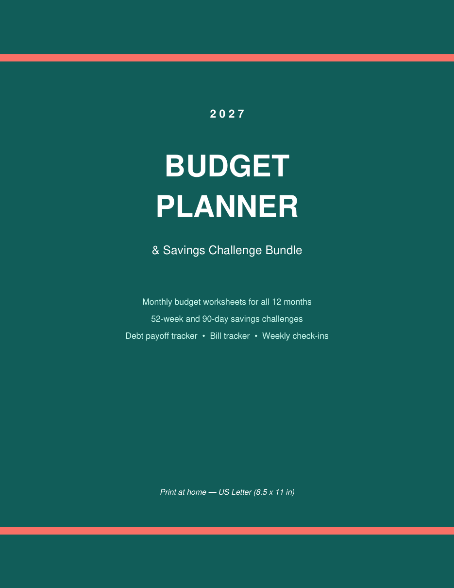 2027 Budget Planner Printable cover — monthly budget planner and savings challenge bundle