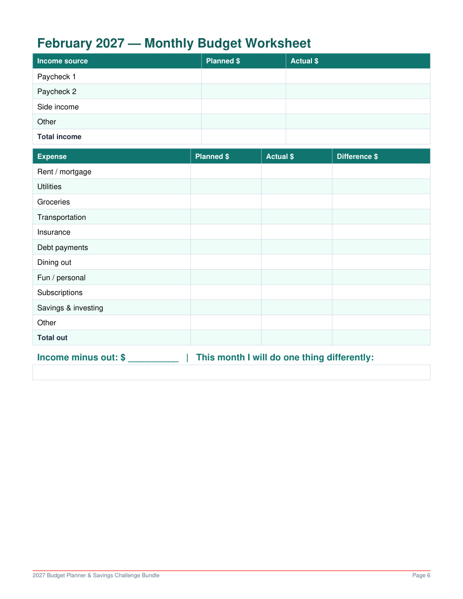 Monthly budget worksheet page from the 2027 Budget Planner Printable