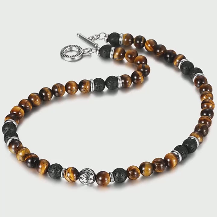 8mm Natural Stone Tiger Eyes Lava Bead Necklace Stainless Steel Charm Choker 18/20 inch