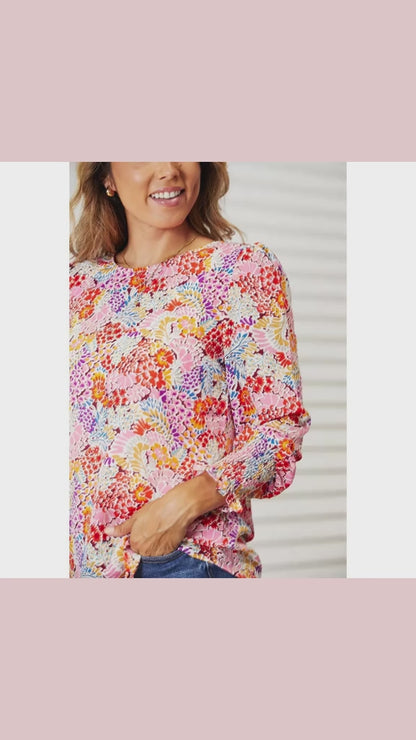 Double Take Floral Print Long Puff Sleeve Blouse