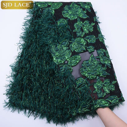 Green French Tulle Lace Fabric Fluffy Feather African Lace Fabric Floral Embroidery For Wedding Dress-Shalav5