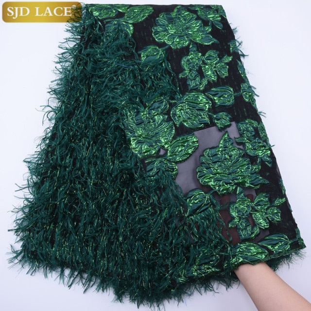 Green French Tulle Lace Fabric Fluffy Feather African Lace Fabric Floral Embroidery For Wedding Dress-Shalav5