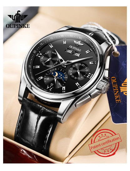 Men's Mechanical Watch Moon Phase Sapphire Multifunctional Automatic Watch Leather Bracelet Watch