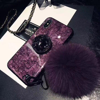 Luxury Bracket Diamond Holder Stand Glitter Hairball Soft Phone Case For iPhone-Shalav5
