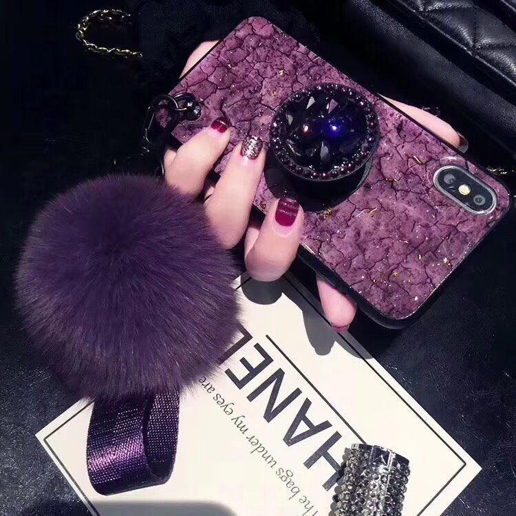 Luxury Bracket Diamond Holder Stand Glitter Hairball Soft Phone Case For iPhone-Shalav5