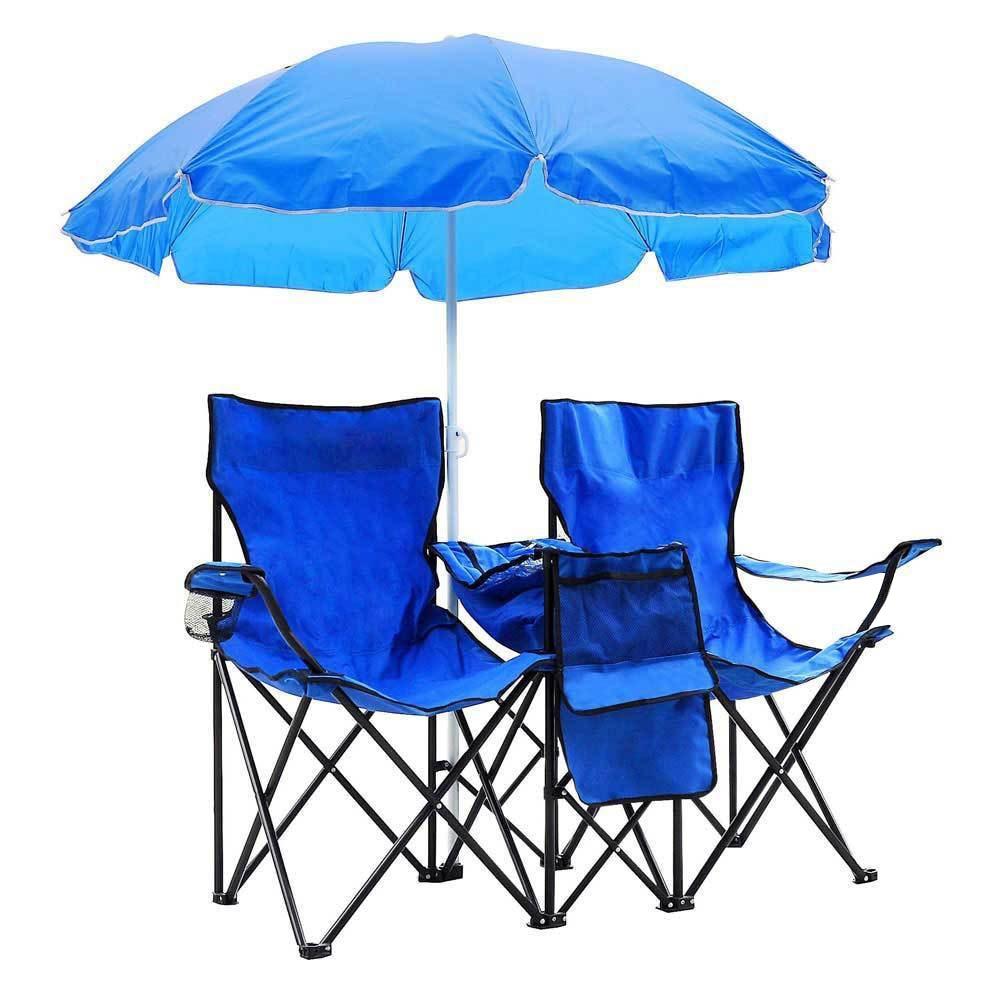 Picnic Chair - Portable Outdoor 2-Seat Folding Chair With Removable Sun Umbrella Blue For  Fishing  And Sunbathing