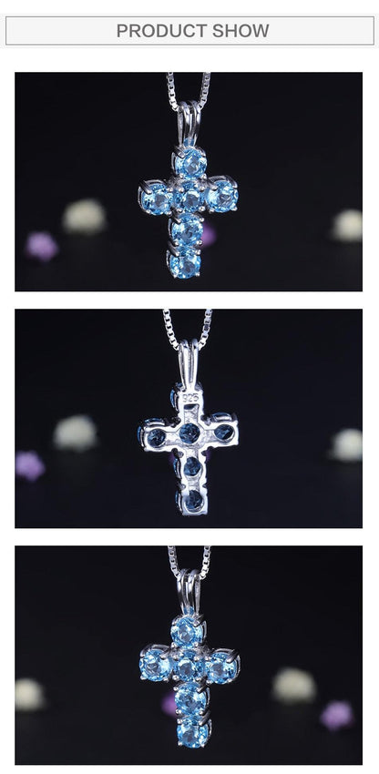 Natural Swiss Blue Topaz 925 Sterling Silver Gemstone Cross Pendant-Shalav5