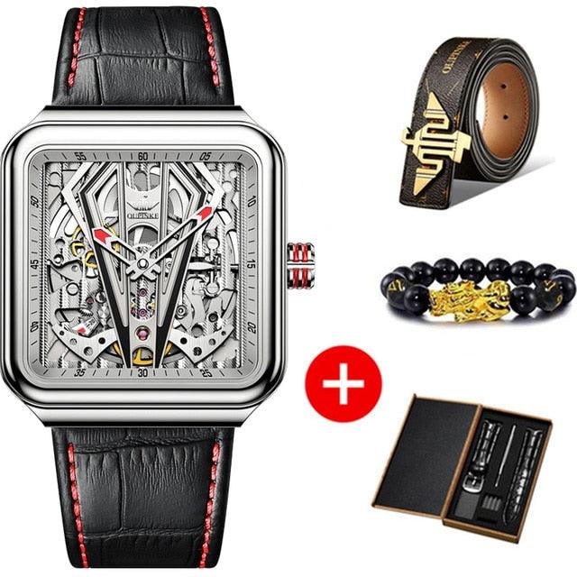 Mechanical Watch Skeleton Steampunk Design  Automatic Sapphire Crystal Square Leather Transparent sport Wristwatch-Shalav5