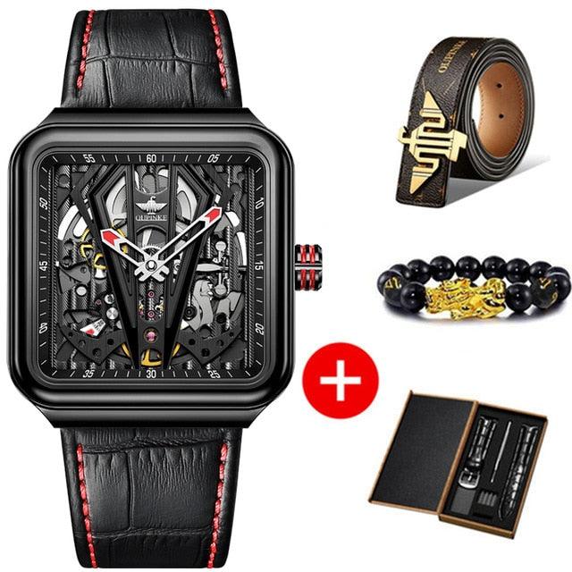 Mechanical Watch Skeleton Steampunk Design  Automatic Sapphire Crystal Square Leather Transparent sport Wristwatch-Shalav5