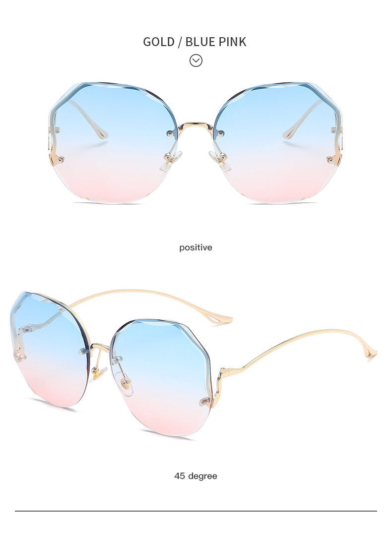 Sunglasses - Tea Gradient Sunglasses Women Ocean Cut Trimmed Lens Metal Curved Temples Sun Glasses