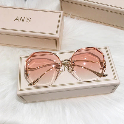 Sunglasses - Tea Gradient Sunglasses Women Ocean Cut Trimmed Lens Metal Curved Temples Sun Glasses