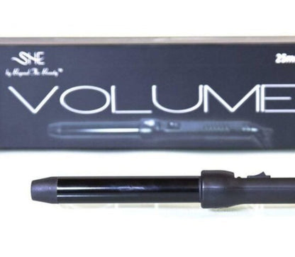 Hair curling iron with 'SHE by Meghan The Beauty' branding on a white background
