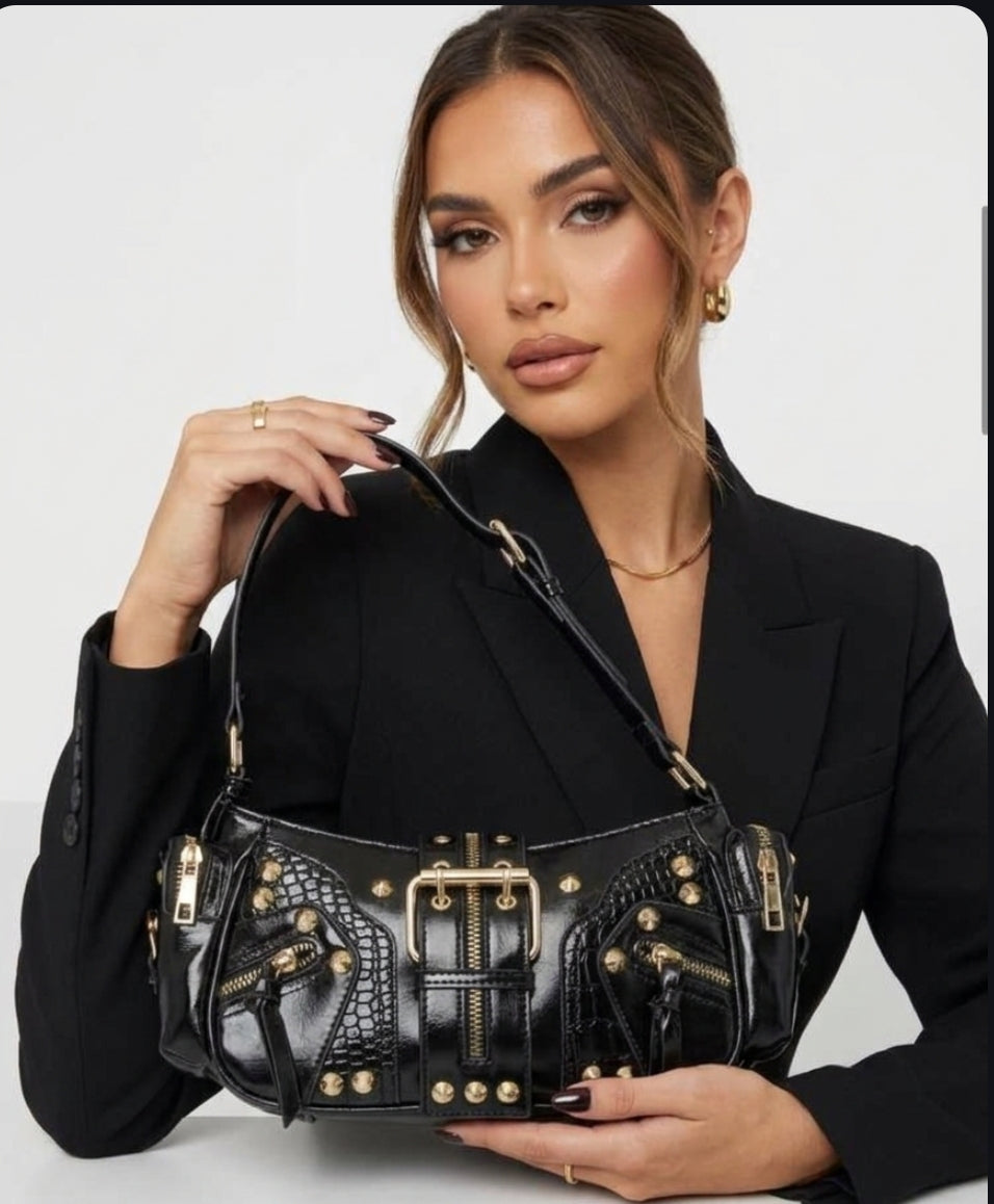Edgy Studded Leather Shoulder Bag - Fame Rivet Detail |