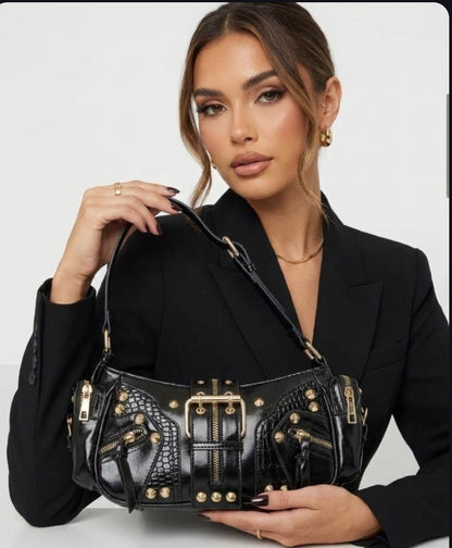 Edgy Studded Leather Shoulder Bag - Fame Rivet Detail |
