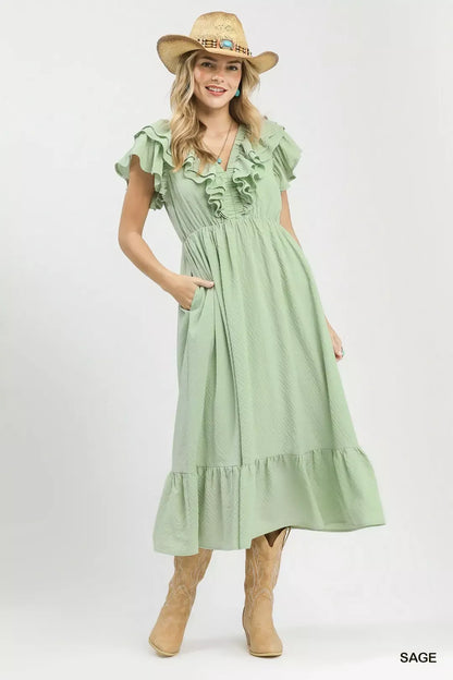 sage Green Umgee Textured Ruffle Midi Dress Front View