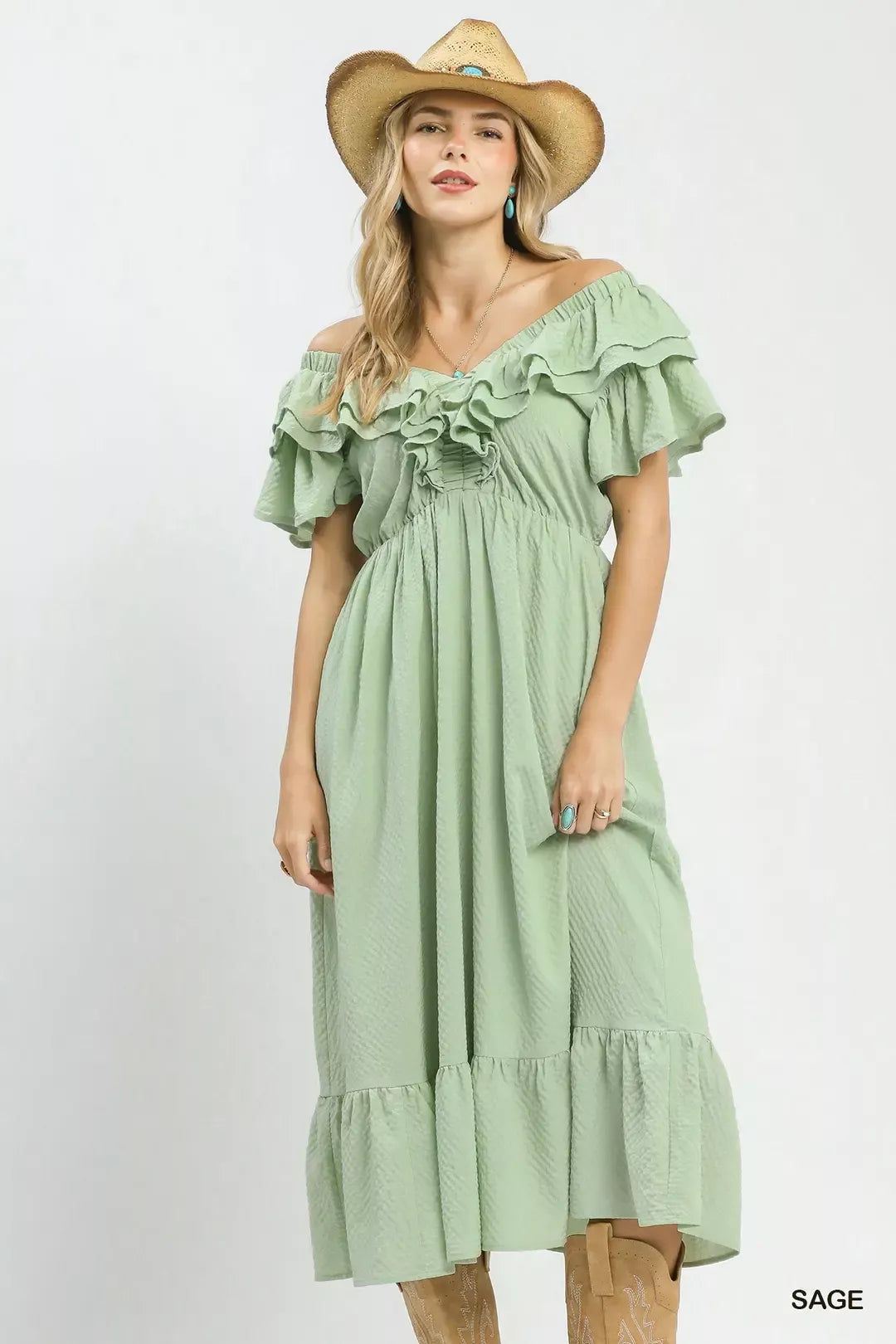 sage Green Umgee Textured Ruffle Midi Dress Front View
