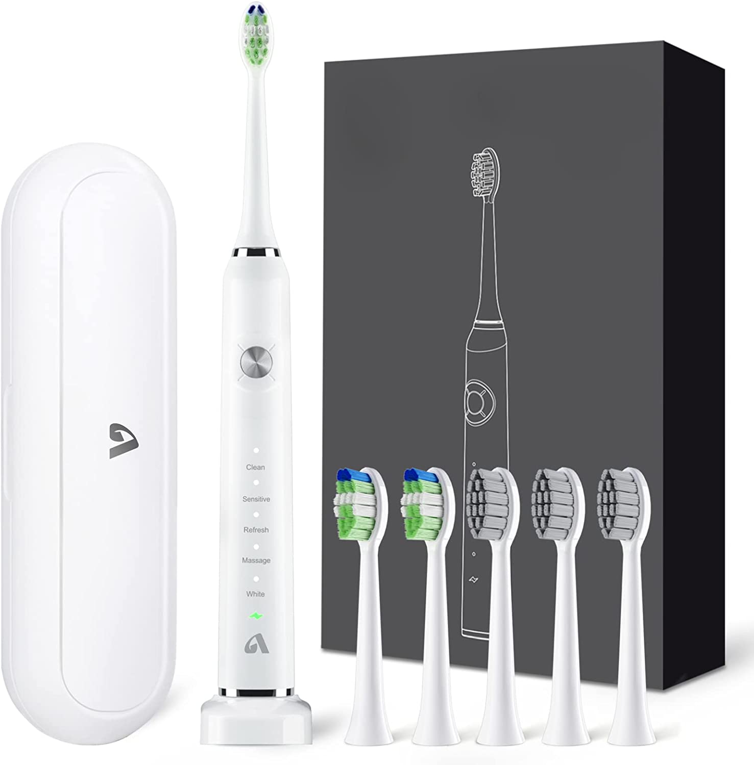 Electric Toothbrush with 6 Brush Heads and Travel Case, Wireless Quick Charging and Long Life,-Shalav5